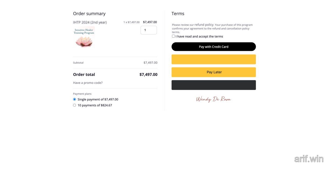 Keap mobile checkout page showing single pay and a 10-payment plan option for a high-ticket program.