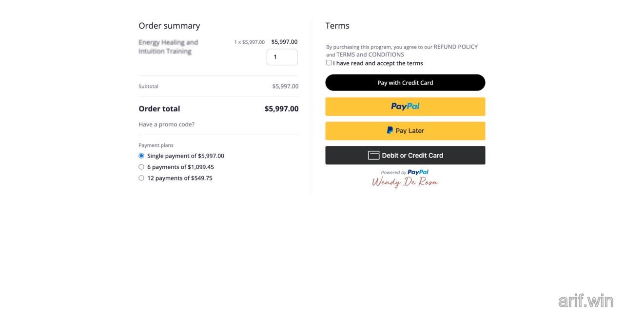 Keap mobile checkout showing a high-ticket order summary with multiple payment plan options and PayPal buttons.