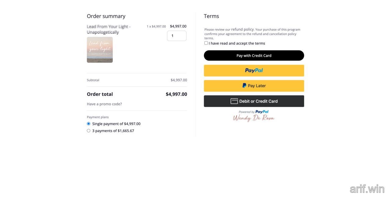 Keap mobile order summary showing promo code entry and a 3-payment plan option with PayPal checkout buttons.