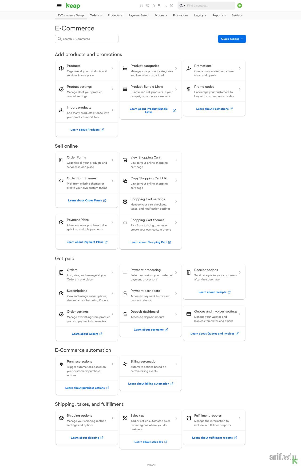 Keap E-Commerce setup hub showing products, promotions, order forms, payment plans, payment processing, and automation options.