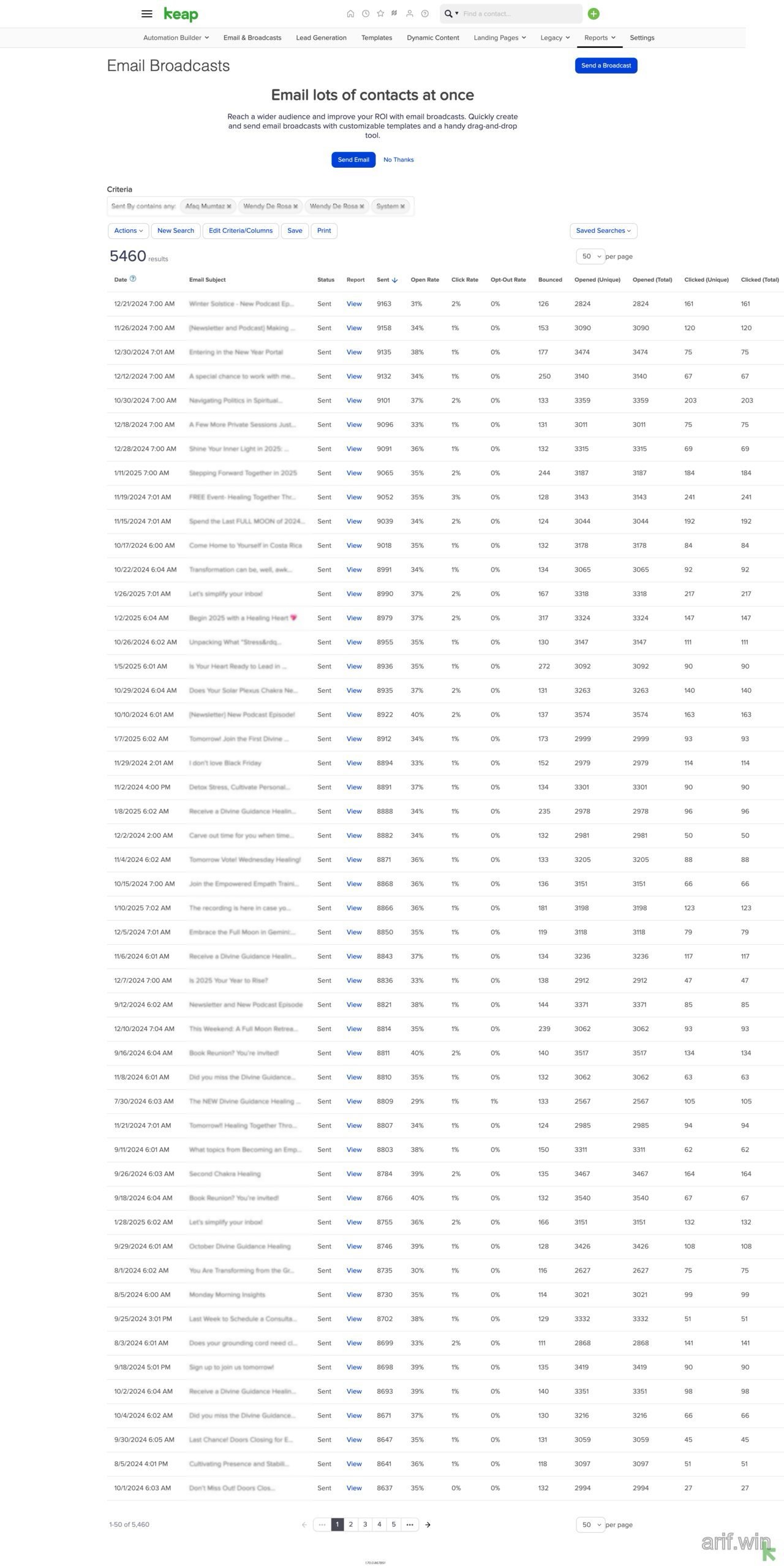 Keap Email Broadcasts reporting table with filters, criteria tools, and columns for unique opens and clicks.
