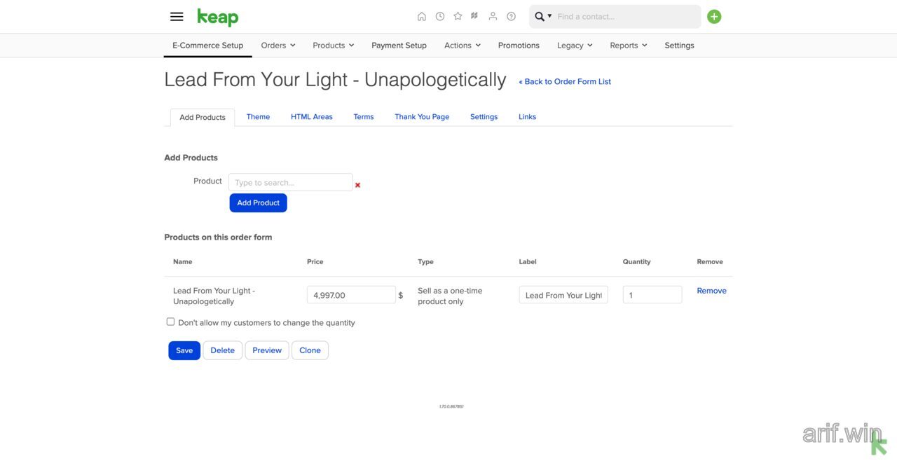 Keap order form builder showing product added to an order form with price, label, and quantity control options.