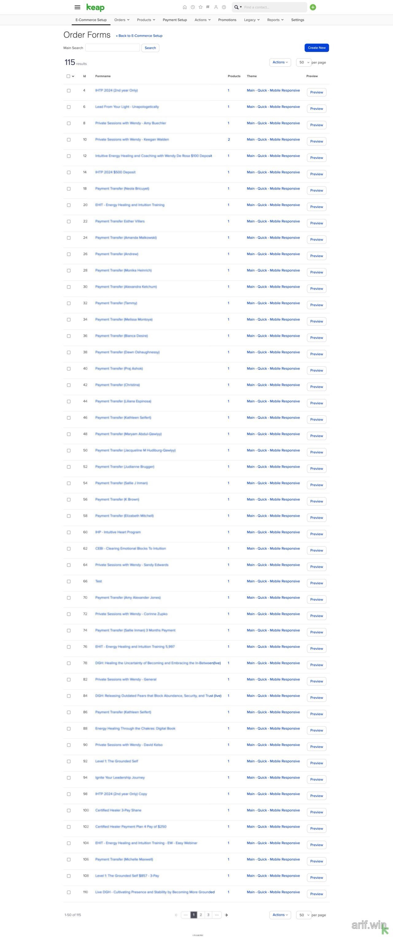 Keap Order Forms list showing many order forms with a mobile responsive theme and preview actions.