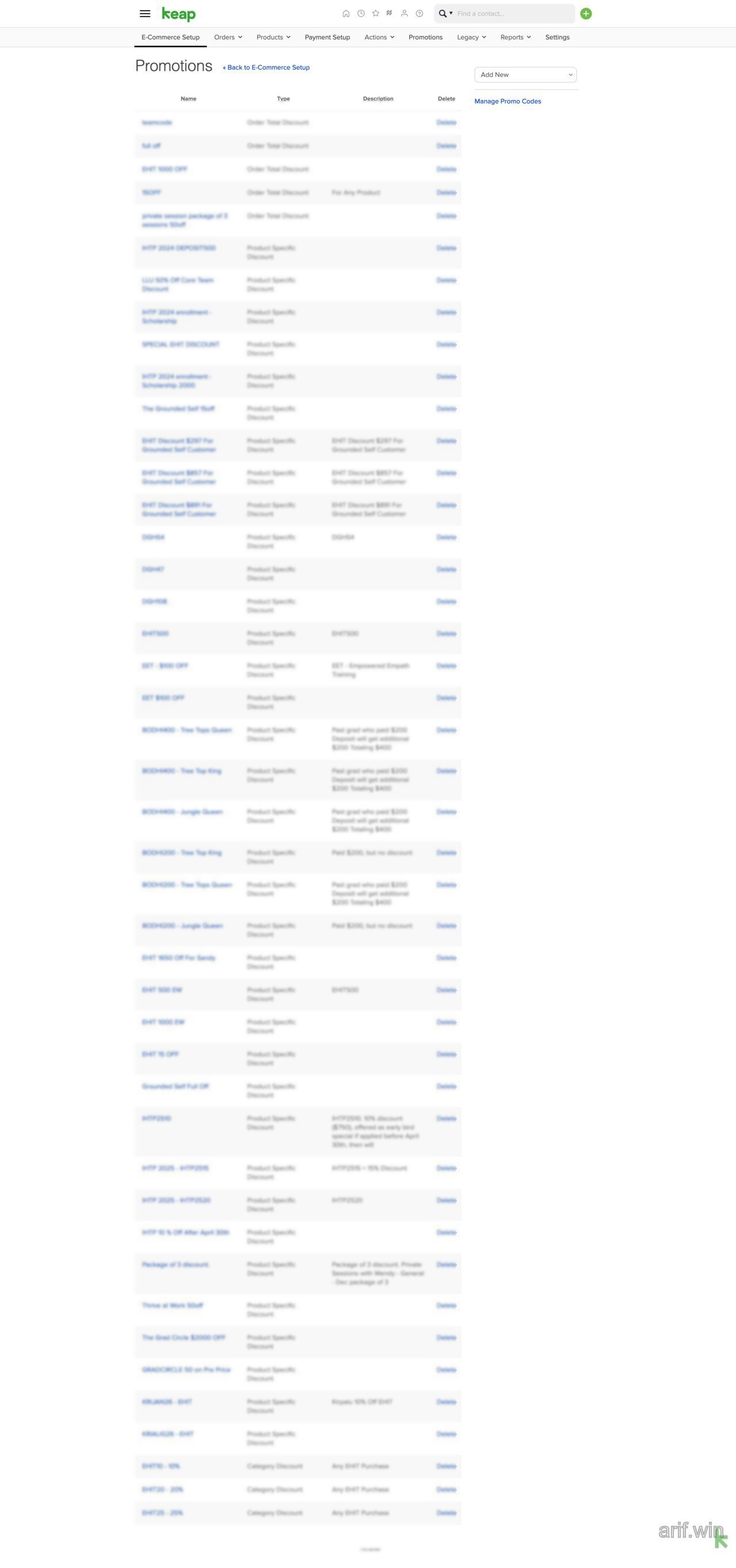 Keap Promotions list showing multiple promo codes with order-total, product-specific, and category discount types.