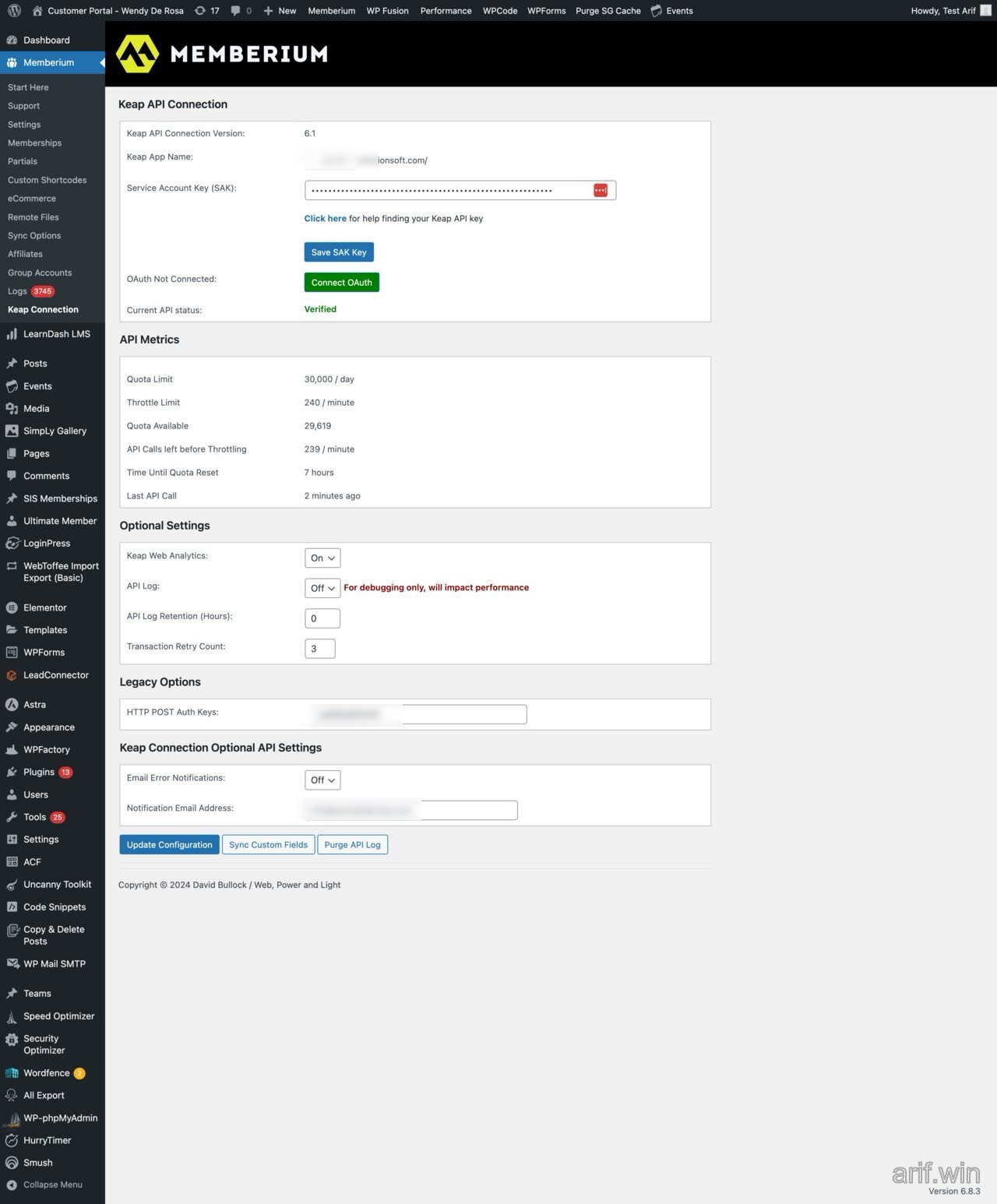 Memberium settings showing Keap API connection, OAuth connect, verified status, API metrics, and custom field sync controls.
