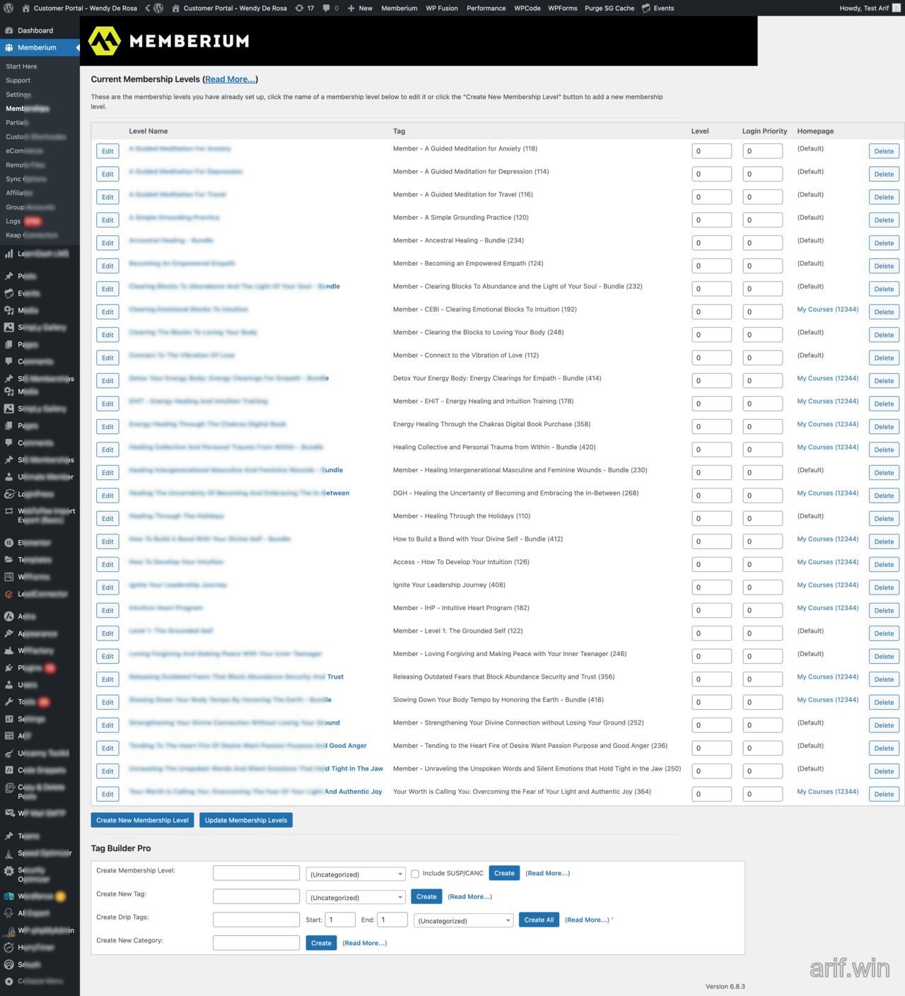 Memberium membership levels list showing each membership level mapped to a Keap tag for access control.
